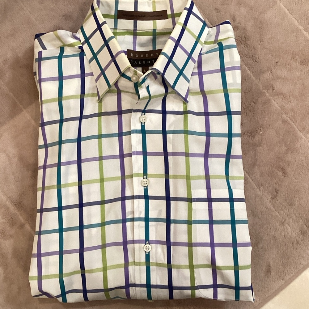 Robert Talbott Men's Size Large White Shirt with Green and Purple Checks